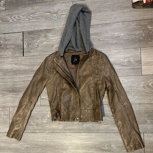 Taupe distressed faux leather jacket with detachable hood size small